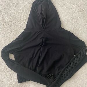 Black Hooded Crop Sweatshirt with Mesh Sleeve Detail